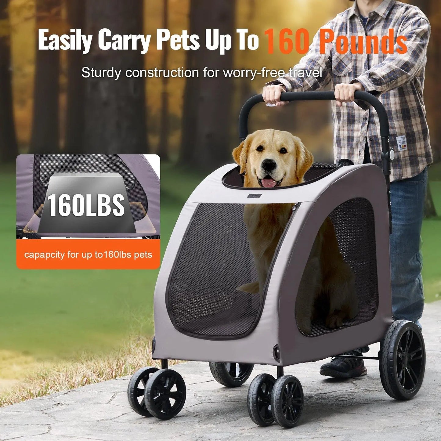 【Dealsforyoudays】Pet Stroller 4-Wheels Dog Stroller Carrier 160Lbs Weight Capacity Portable