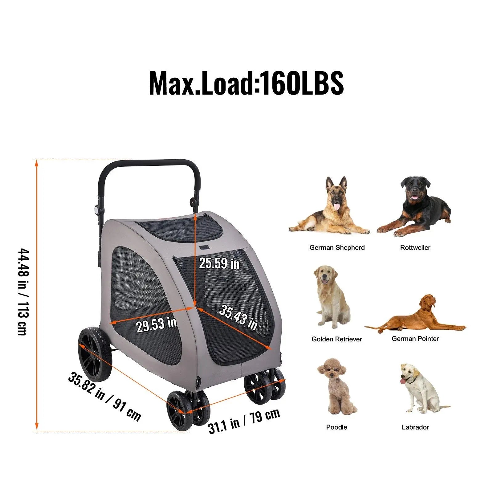 【Dealsforyoudays】Pet Stroller 4-Wheels Dog Stroller Carrier 160Lbs Weight Capacity Portable