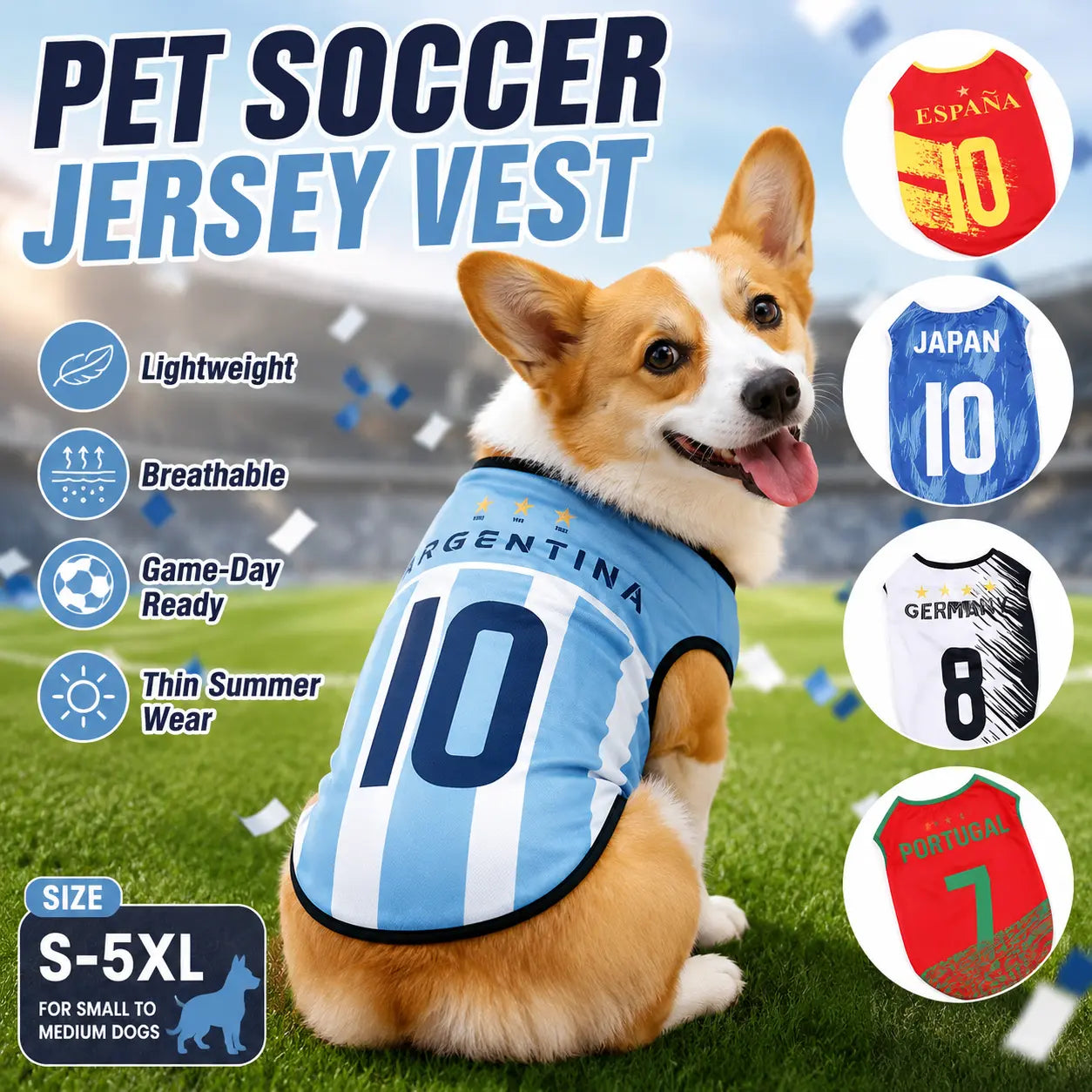 Pet Soccer Jersey Vest for Dogs & Cats, Lightweight Breathable Summer Pet Shirt, Team-Inspired Sleeveless Dog Clothes for Small Medium Pets